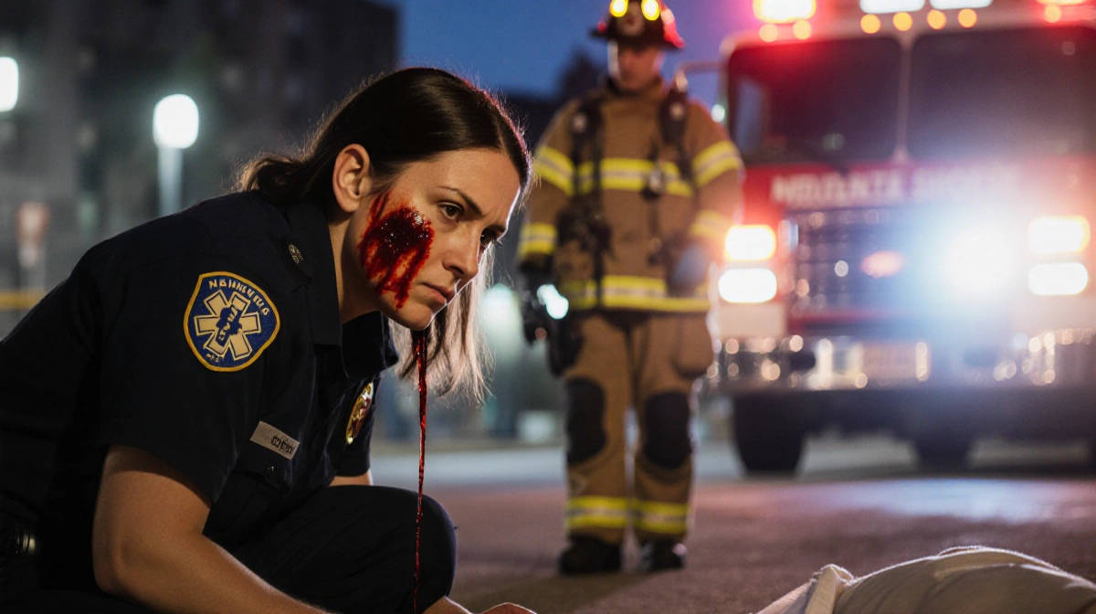 Paramedic kneeling checking injured woman with gunshot wounds beside SUV and firefighter watching against blurred city