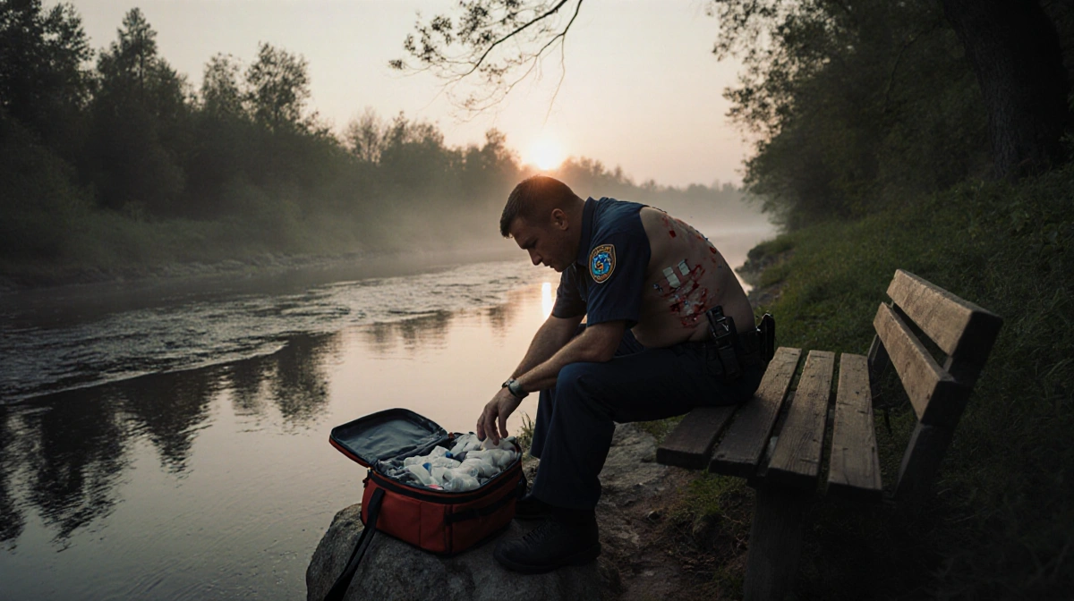 Paramedic treating man