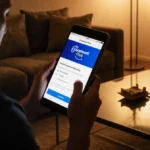 Person looking disappointed at tablet with Paramount Plus subscription screen showing on phone reflected in coffee table