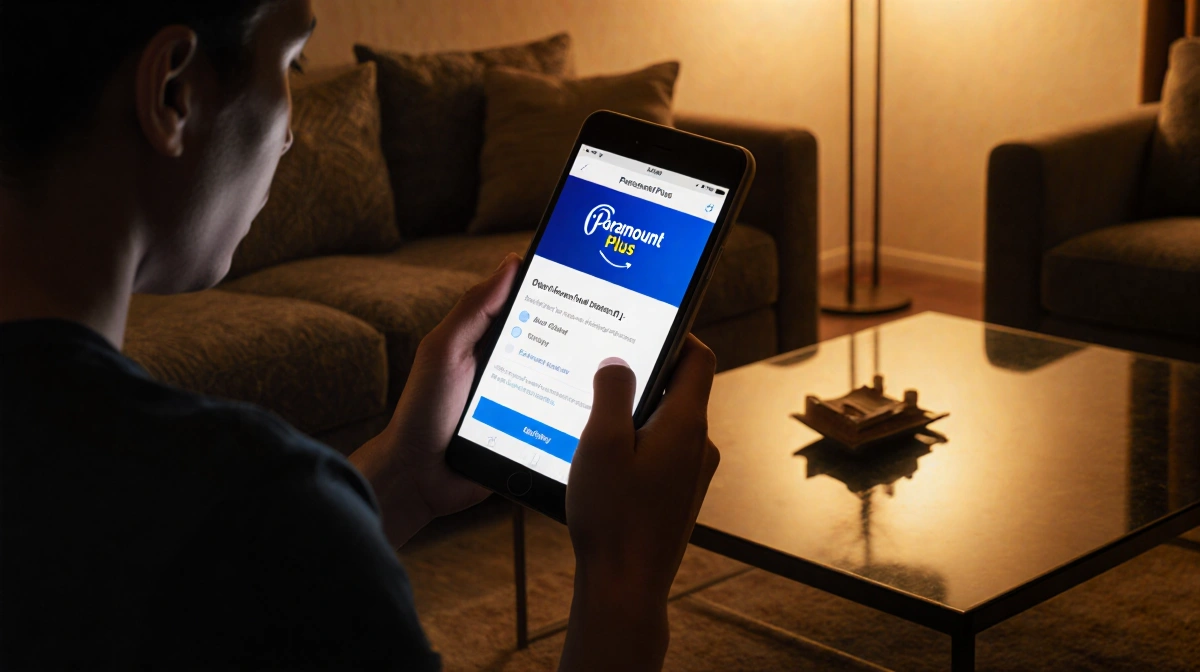 Person looking disappointed at tablet with Paramount Plus subscription screen showing on phone reflected in coffee table