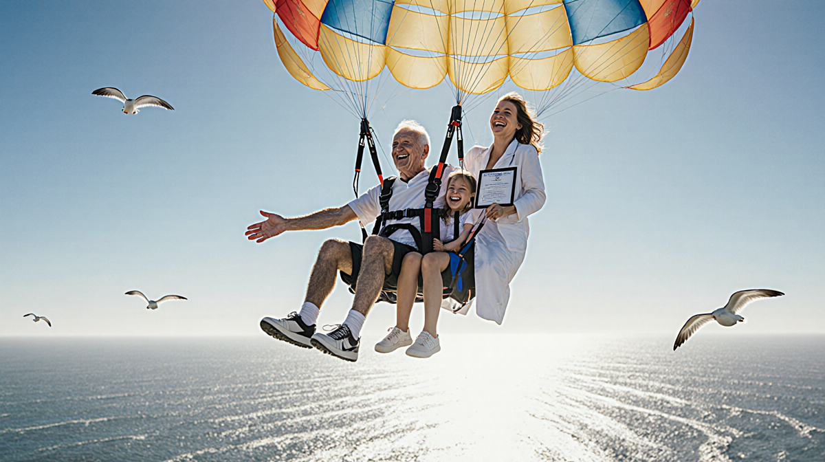 Lokken parasailing above Gulf Coast with Dr. Philips holding a certificate and Kaylee laughing as waves ripple seagulls fly
