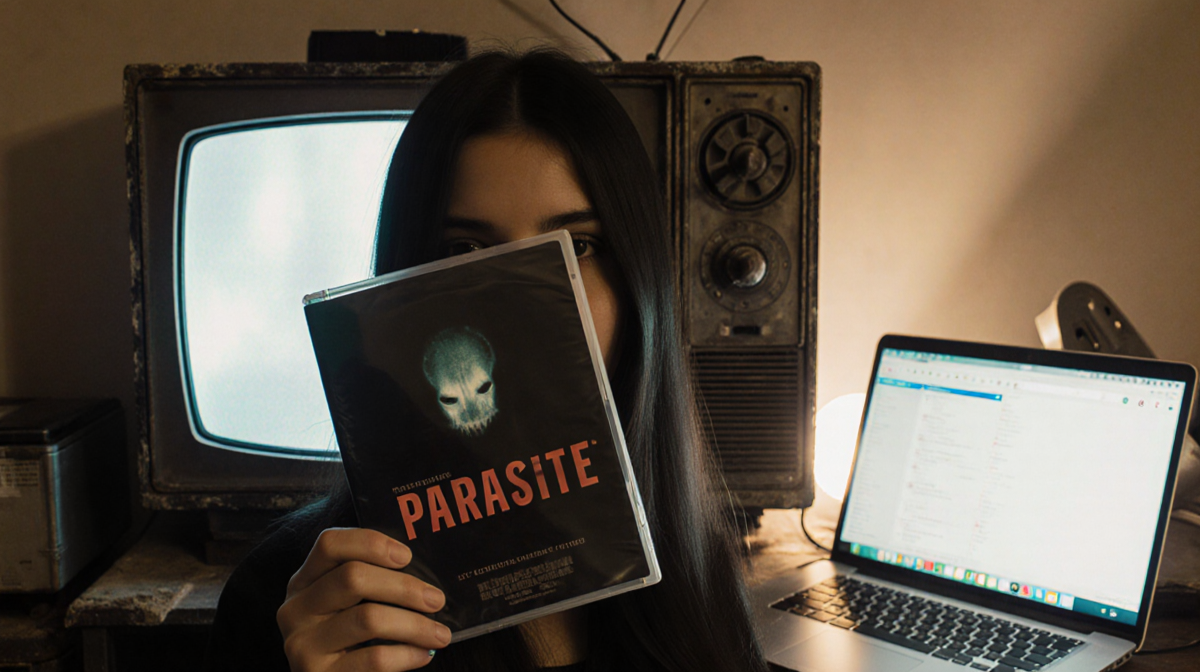 Person holding a Parasite DVD with old TV and laptop glow illuminating classic cinema