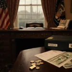 Financial documents lie on a desk with a folder marked Pardon Records and gold bars and a flag visible through the window