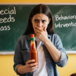 Worried parent holds hot sauce bottle with questioning expression near special needs classroom chalkboard