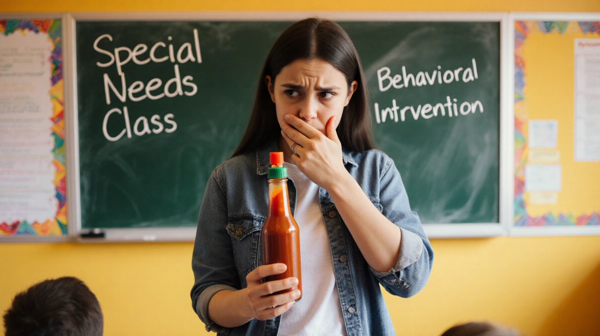 Worried parent holds hot sauce bottle with questioning expression near special needs classroom chalkboard