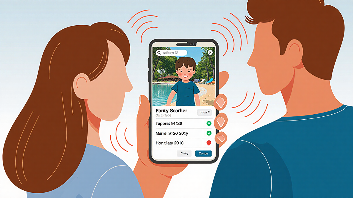 Parent holding phone showing child's name birthdate and location with blurred vacation backdrop and swirling data patterns.