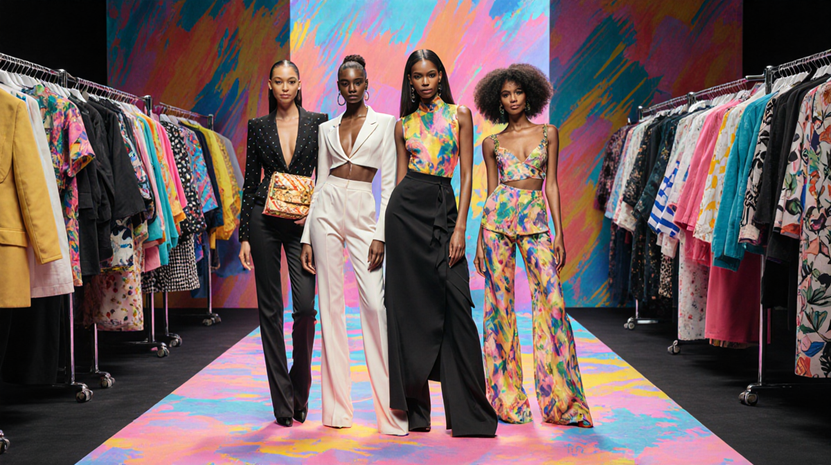 Celebrities posing on Paris Fashion Week catwalk with vibrant color racks and dramatic lighting