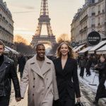 Victoria and David Beckham strolling hand‑in‑hand during Paris Fashion Week with a golden‑lit Eiffel Tower and snow‑covered s