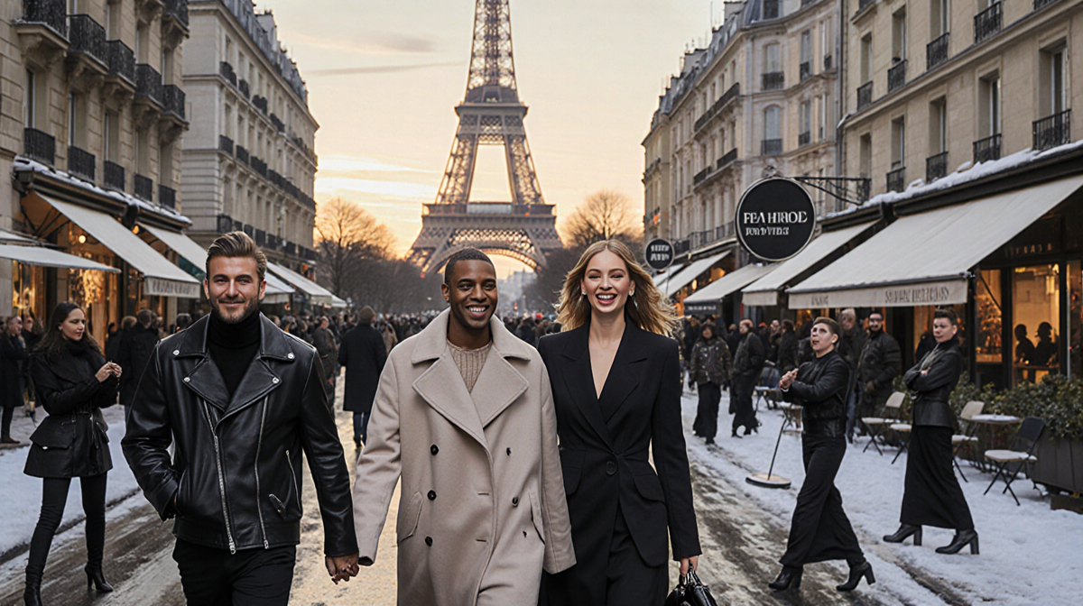 Victoria and David Beckham strolling hand‑in‑hand during Paris Fashion Week with a golden‑lit Eiffel Tower and snow‑covered s
