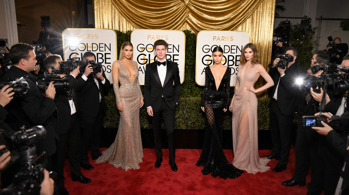 Jennifer Lopez and Timothée Chalamet posing on red carpet with golden backdrop and camera flashes
