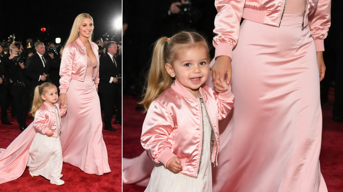 Paris Hilton walks red carpet with her toddlers in matching pink jackets and flowing gown