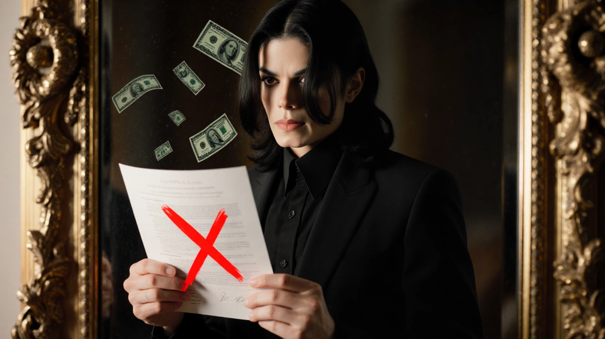Paris Jackson holds a rejected contract with red X while money reflects in mirror behind her