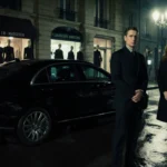 FBI agents investigating Parisian street crime scene with black sedan and model silhouettes nearby