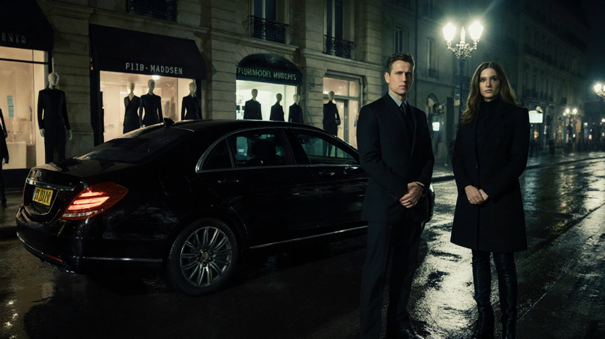 FBI agents investigating Parisian street crime scene with black sedan and model silhouettes nearby