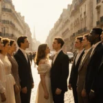 Modern performers facing 1980s cast on Parisian street with golden lighting and nostalgic expressions