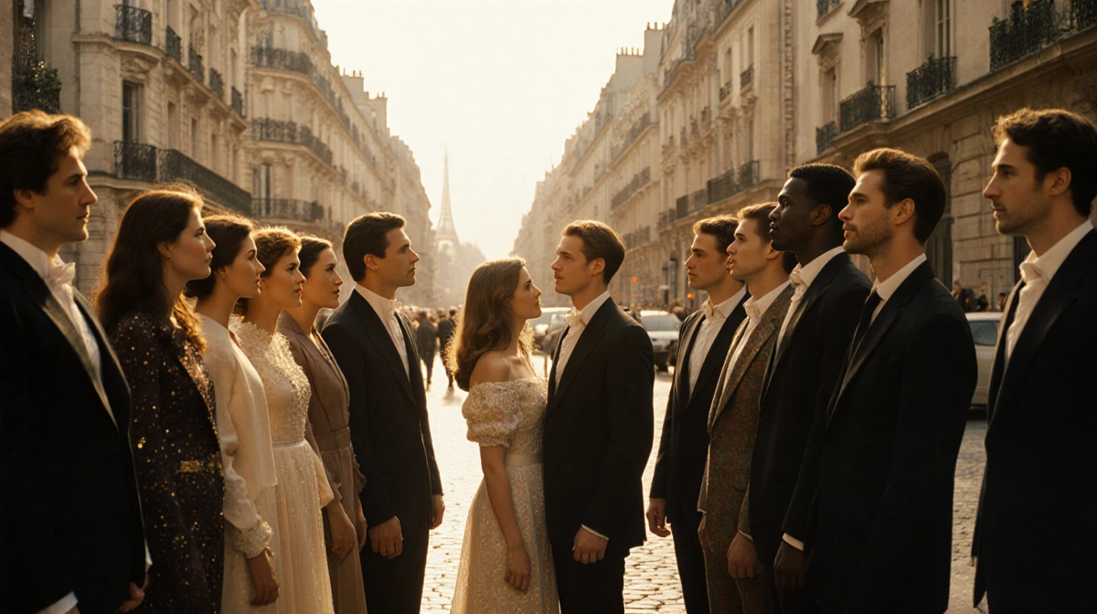 Modern performers facing 1980s cast on Parisian street with golden lighting and nostalgic expressions