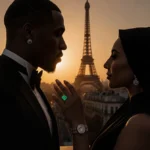 Couple gazing out at Paris skyline with dazzling diamond ring and glowing Eiffel Tower