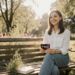 Person sitting on park bench holding T-Mobile savings card with phone partially covered by a plant in a sunny green setting
