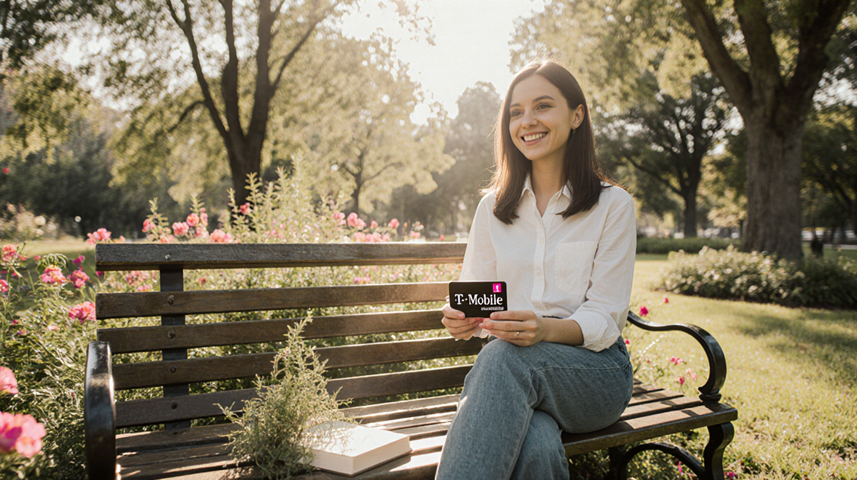 Person sitting on park bench holding T-Mobile savings card with phone partially covered by a plant in a sunny green setting
