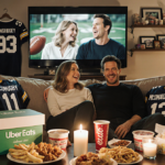 Parker Posey sits on couch with Matthew McConaughey lounging and Uber Eats boxes spread across table during a Super Bowl TV