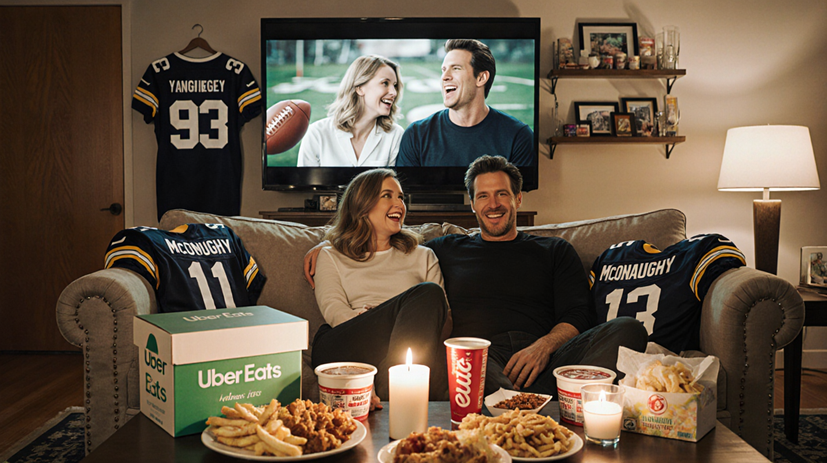 Parker Posey sits on couch with Matthew McConaughey lounging and Uber Eats boxes spread across table during a Super Bowl TV