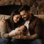 Parker McCollum embracing Hallie Ray with newborn son on cream couch in warm candlelight