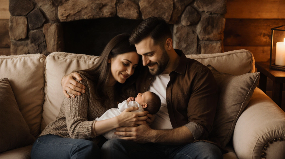 Parker McCollum embracing Hallie Ray with newborn son on cream couch in warm candlelight
