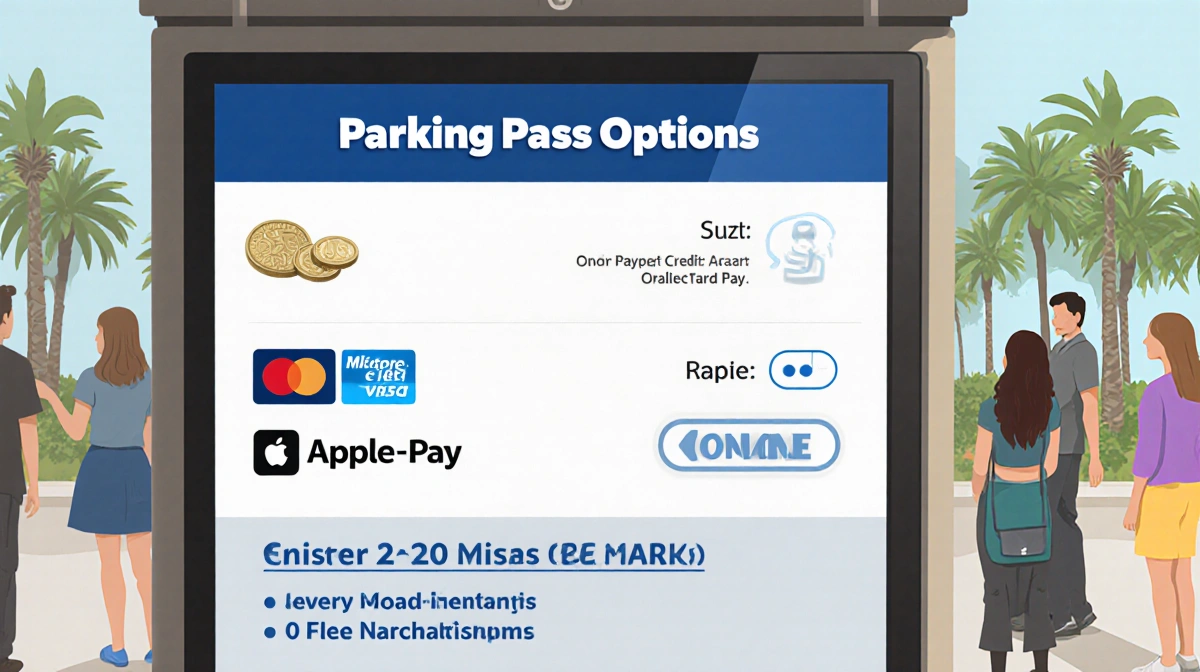 Kiosk displays parking pass options with coins cards Apple Pay and online button with people waiting in line near Balboa Park