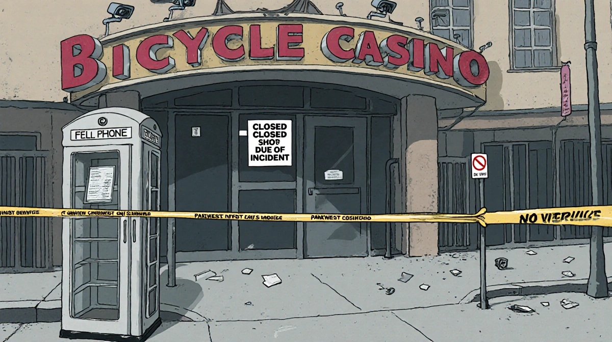 Closed Parkwest Bicycle Casino entrance blocked with police tape and closed sign showing uncertainty at Bell Gardens location