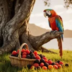 Vibrant parrot perched on ancient rimu tree with dewy feathers glowing in golden sunlight and berries spilling from basket be
