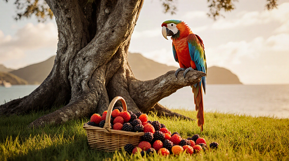 Vibrant parrot perched on ancient rimu tree with dewy feathers glowing in golden sunlight and berries spilling from basket be
