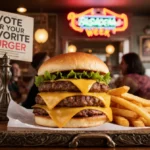 Patron holding a Vote for Your Favorite Burger sign with a cheeseburger and fries on a counter near a nostalgic 1920s diner