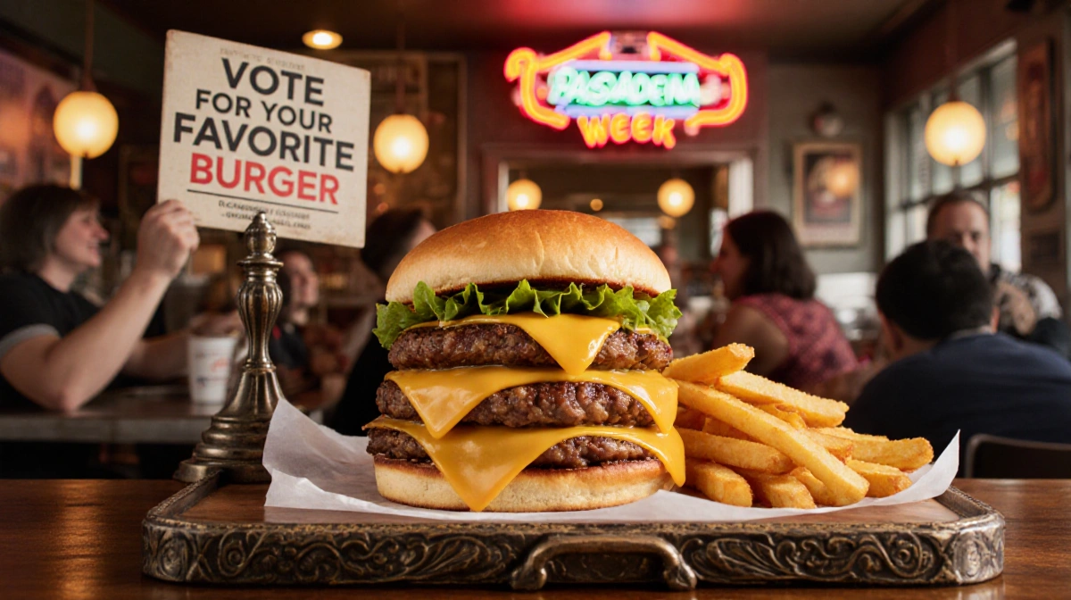 Patron holding a Vote for Your Favorite Burger sign with a cheeseburger and fries on a counter near a nostalgic 1920s diner