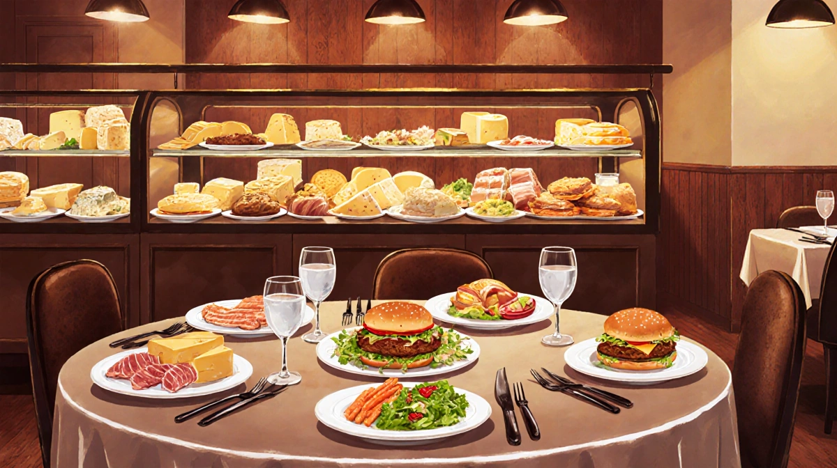 Table set with burgers and salads with warm lighting and a display case of cheeses and meats behind it in Pasadena.