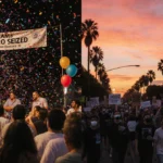People celebrate at stage outside Chamo restaurant in Pasadena with confetti banner Maduro Seized