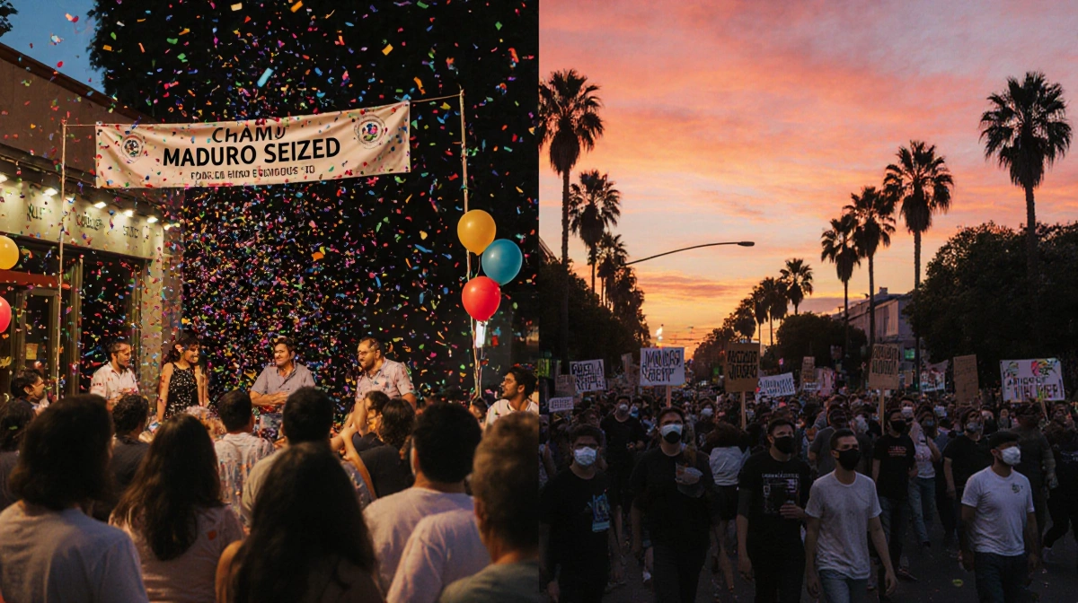 People celebrate at stage outside Chamo restaurant in Pasadena with confetti banner Maduro Seized