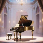 Grand piano glows under golden lights on stage with ornate curtains and baroque details behind