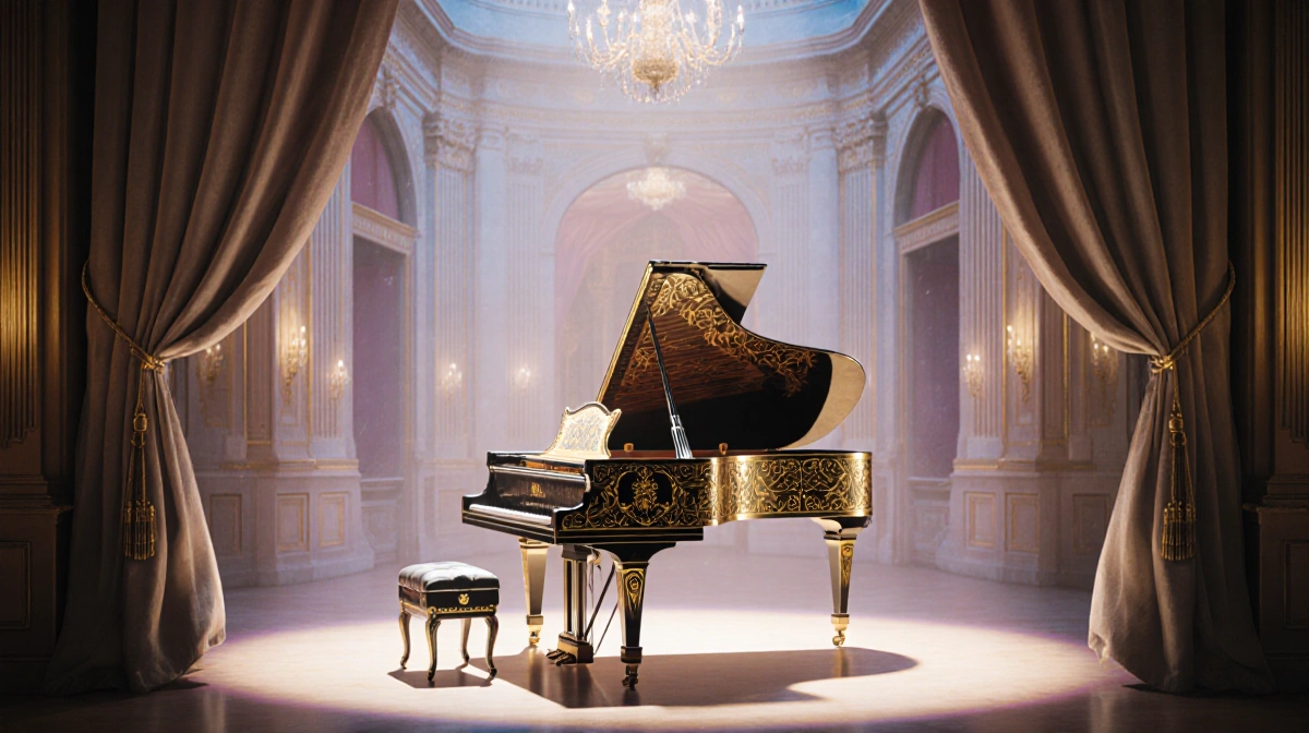 Grand piano glows under golden lights on stage with ornate curtains and baroque details behind