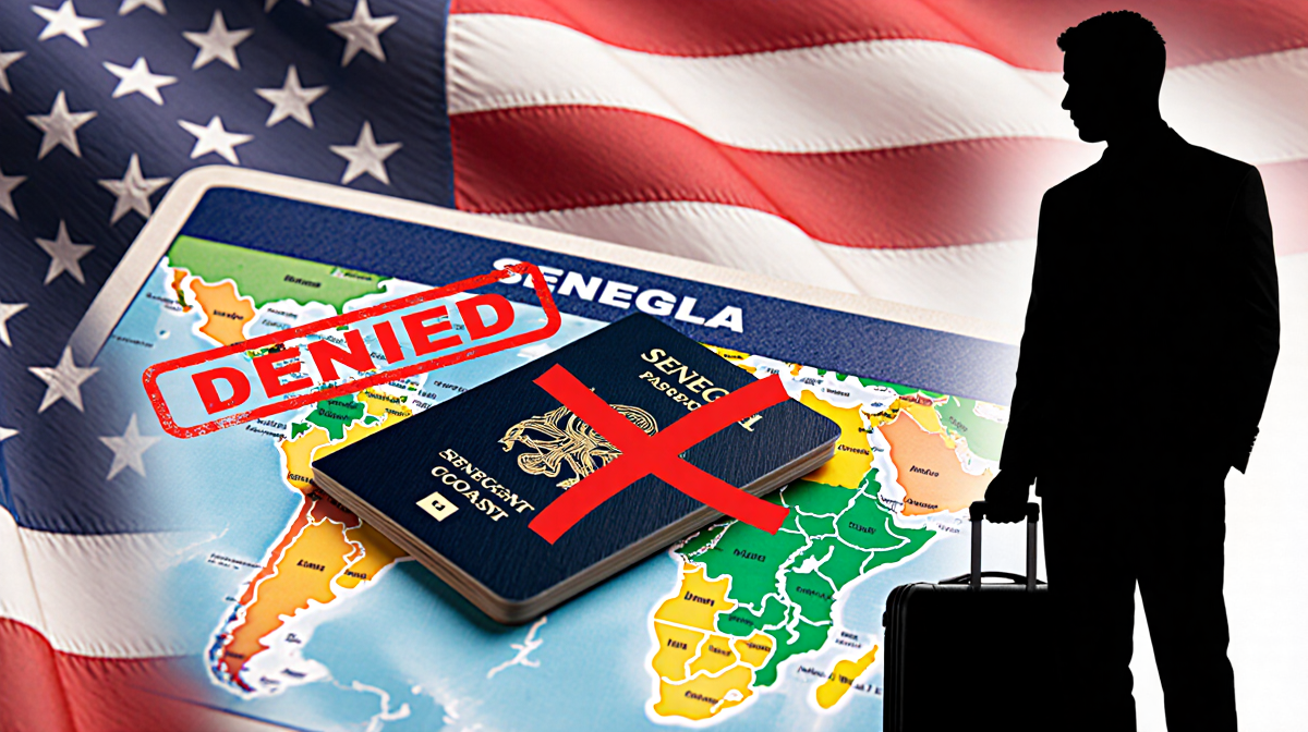 Passport being stamped denied travel ban stamp on a map of Senegal with a red X on a visa holding suitcase looking disappoint