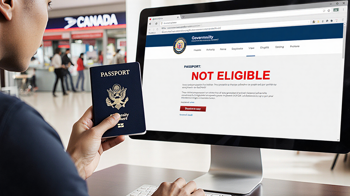 Person holding passport skeptically with computer screen showing not eligible online renewal and postal office background