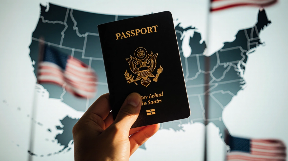 Hand holding passport with American flags waving behind and gradient US map in background