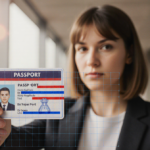 Person stands confidently before passport holder with ID card and security grid overlaying the scene