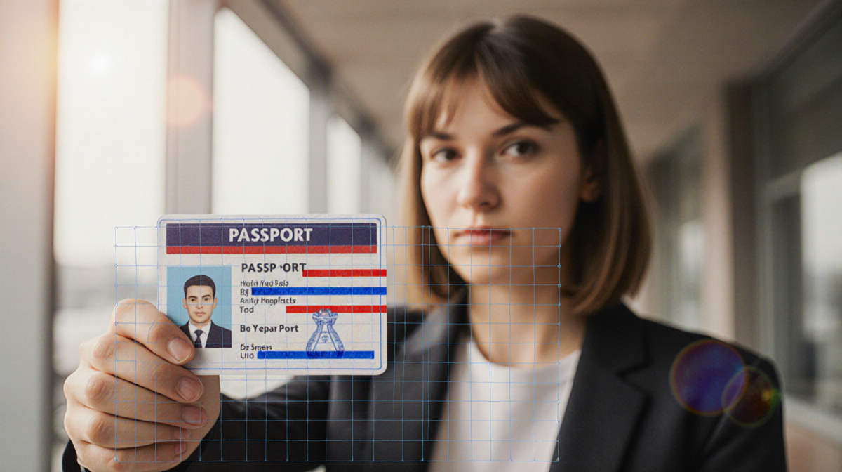 Person stands confidently before passport holder with ID card and security grid overlaying the scene