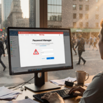 Person sits at desk looking at password manager screen with red warning and coffee nearby