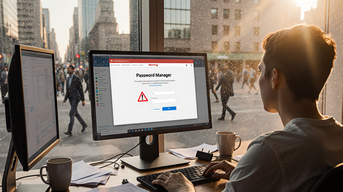 Person sits at desk looking at password manager screen with red warning and coffee nearby