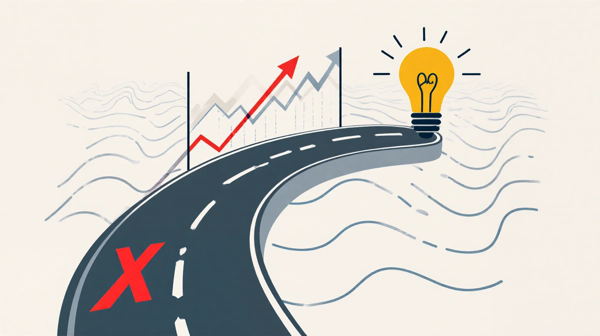 Two diverging paths split from a historical graph with one marked by red X and the other showing a lightbulb moment