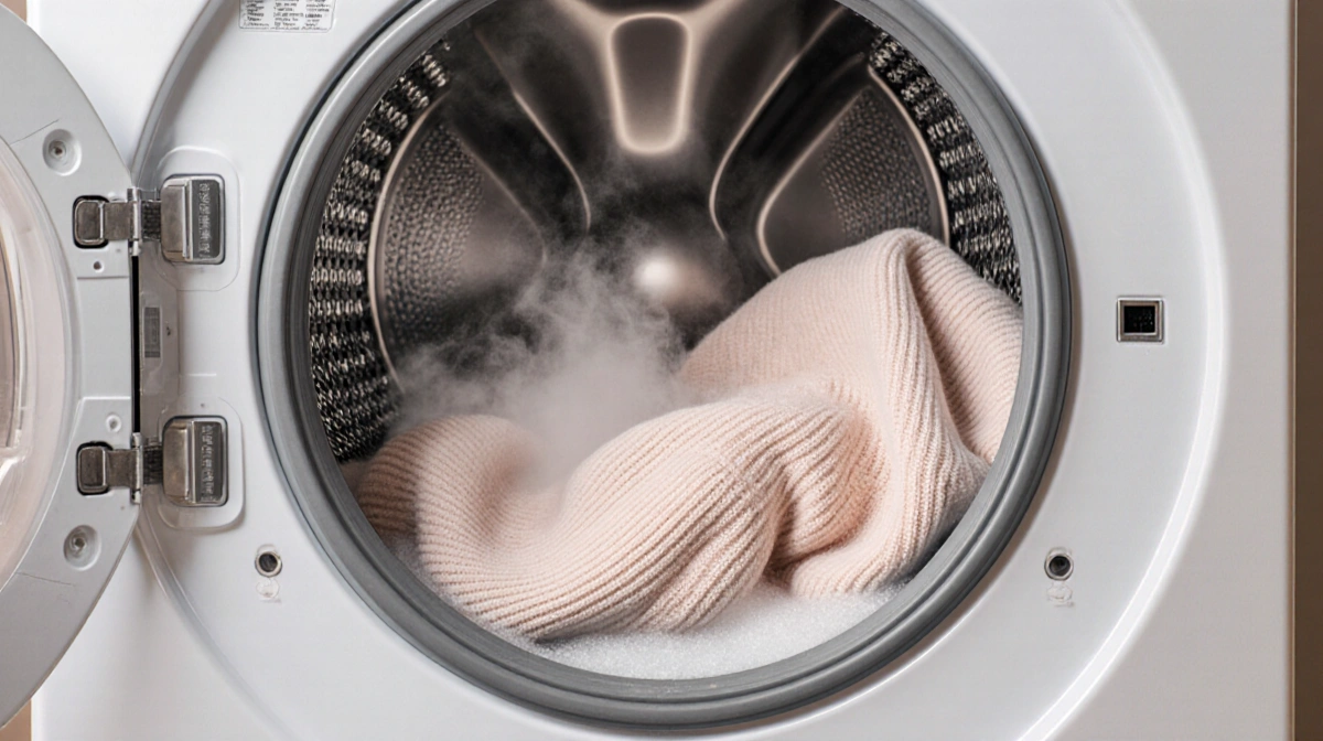 Pastel sweater spinning in washing machine with gentle foam and wisps of laundry floating nearby