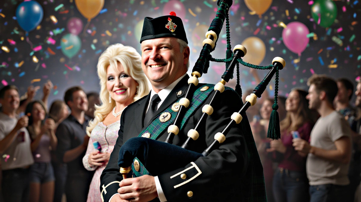 Pat Darcy playing bagpipes with a bright smile and confetti-filled birthday party backdrop