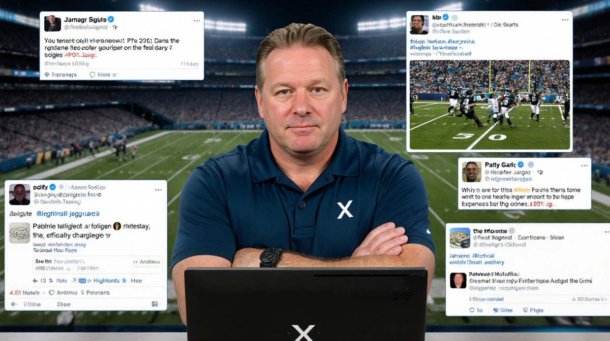 Pat McAfee sits at computer with arms crossed and football highlights on screens behind him