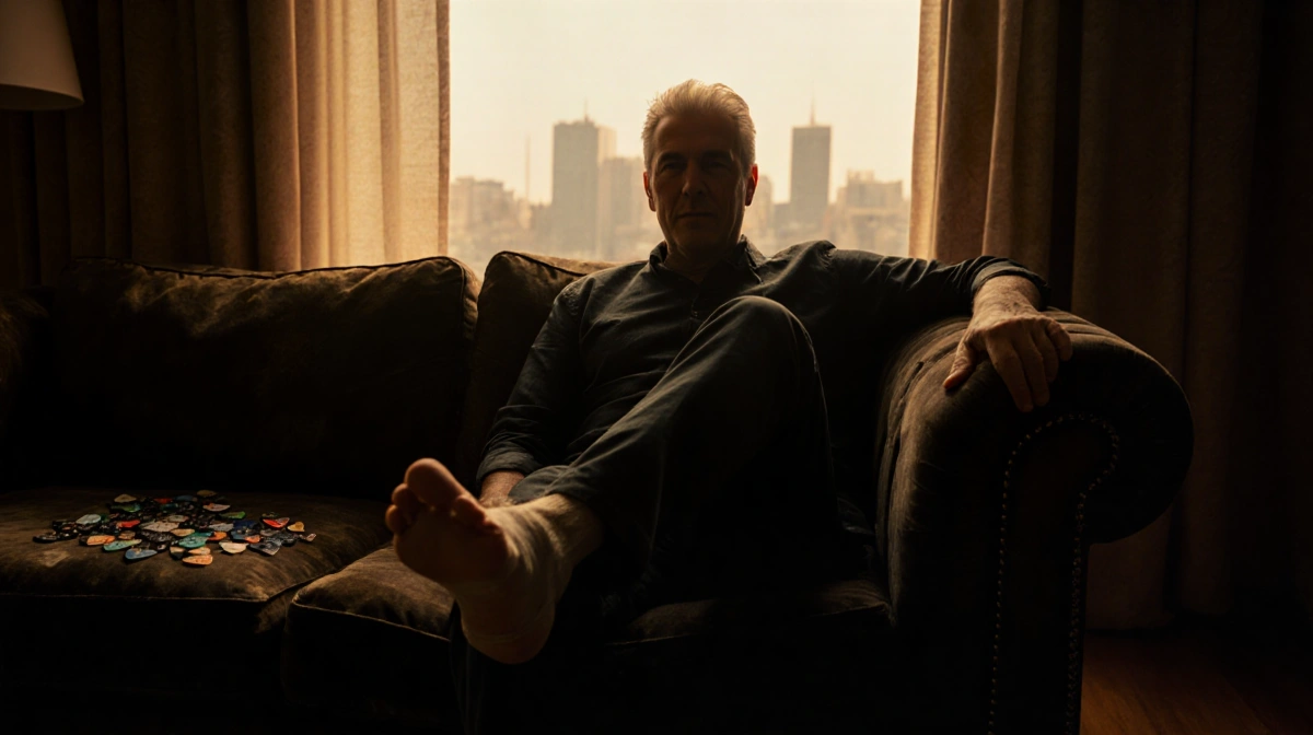 Pat Smear relaxing on couch with injured foot propped up and guitar picks scattered around him